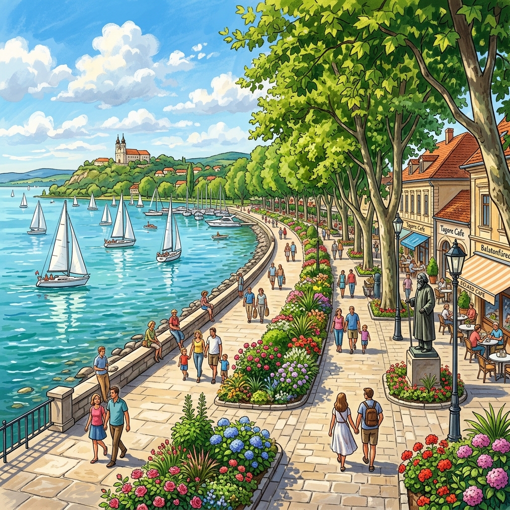 A Tagore-sétány naplementében a Balaton partján